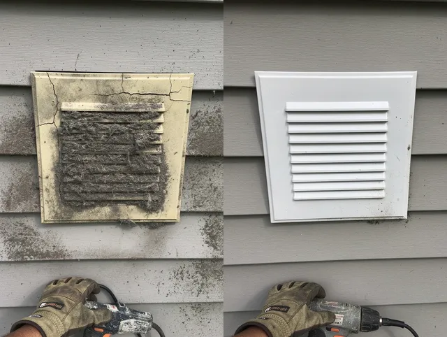 Plainfield Dryer Vent Cleaning technician installing high-quality dryer vent cover at a residential property in Plainfield