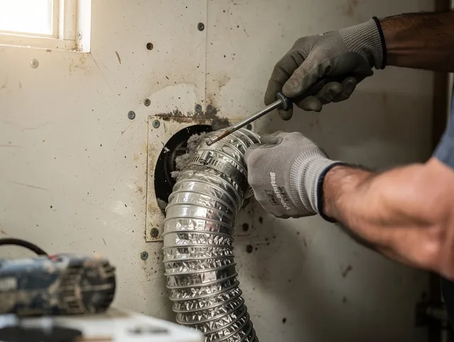 Plainfield Dryer Vent Cleaning technician performing precise dryer vent hose installation in Plainfield